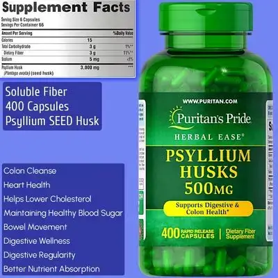 Psyllium Husks 500 mg, Psyllium Seed Husk, digestive and Colon health, blood sugar, Regularity, Bowel movement, lowers cholesterol, Soluble Fiber, 400 Capsules fiber