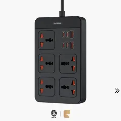 Green Lion GS 500 2500W Universal Power Socket with 5 Outlets, 4 USB-C & 2 USB-A Ports (20W PD) - Black