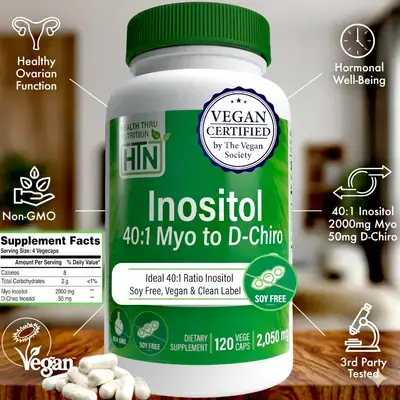 Inositol, 40:1 Myo-Inositol to D-Chiro-Inositol Ratio, 2050mg Per Serving, Certified Vegan, Myo-Inositol, d chiro inositol, myo inositol, 2in1, Hormone Balance, Ovarian, PCOS, Insulin Resistance, Waist Trimmer, 120 Capsules inositol