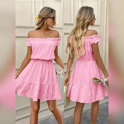 SHEIN LUNE Light Baby Pink Off-Shoulder Romantic Mini Dress - Small