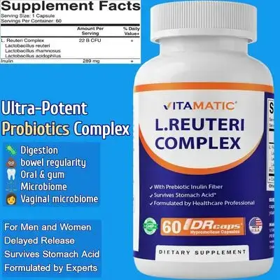Lactobacillus Reuteri Complex, 22 Billion CFU, Delayed Release Capsules, L Reuteri, probiotic, Digestive & Gut Health, with Prebiotic Inulin Fiber, 60 Capsules L Reuteri