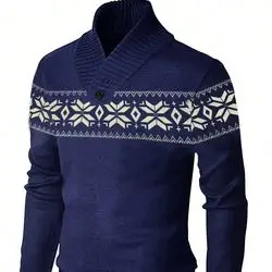Men's Casual Fashion Long Sleeve Knitted Sweater Navy Blue / L