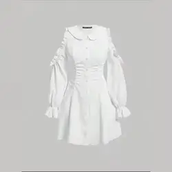 SHEIN MOD Cold Shoulder Ruffle Trim Flare Sleeve Ruched Shirt Dress - Medium