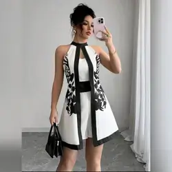 Elenzga Women's Elegant Color Block Trim Print Halter Romper - Large 