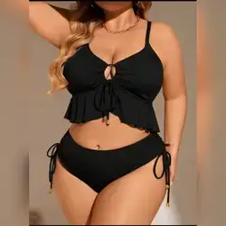 Swim Lushoire Plus Size Ruffle Top & Drawstring Bikini Bottom Set - 3XL
