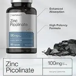 Horbäach Zinc Picolinate 100mg | 180 Capsules | High Potency | Non-GMO, Gluten Free | Zinc Supplement