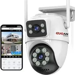 【Security Cameras Wireless Outdoor】 Dual Lens Linkage,6MP WiFi PTZ Surveillance Camera,360°View,Human Detection,Auto Tracking,Light Alarm,Night Vision,Two-Way Audio