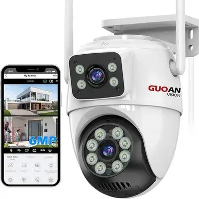 【Security Cameras Wireless Outdoor】 Dual Lens Linkage,6MP WiFi PTZ Surveillance Camera,360°View,Human Detection,Auto Tracking,Light Alarm,Night Vision,Two-Way Audio