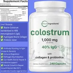 Bovine Colostrum 1000 mg, 40% IgG, with Biovine Collagen & Probiotics, Colostrum with 10 Probiotic Strains, Non-GMO, Gluten Free, Colostrum, 240 Caps Colostrum