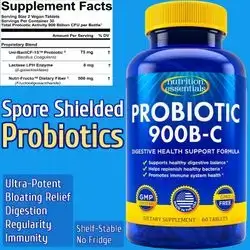Nutrition Essentials, Probiotics, Women and Men, with Lactase Enzyme and Prebiotic Fiber for Digestive Health, 80% More Potent for Gut Health Support, 900 BILLION CFU, 60 Tablets Probiotics