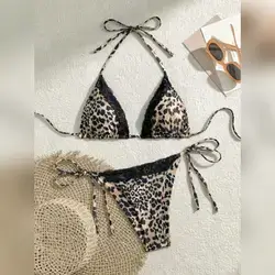 Swim Vcay Leopard Print Lace Trim Halter Bikini Set - Small