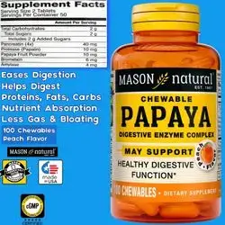 Papaya Digestive Enzyme Complex, Healthy Digestive Function, Promotes Nutrient Absorption, Papaya Enzymes, digestive enzymes, Gas and bloating, breaks down carbohydrates & protein & fats, Peach Flavor, 100 Chewables papaya 
