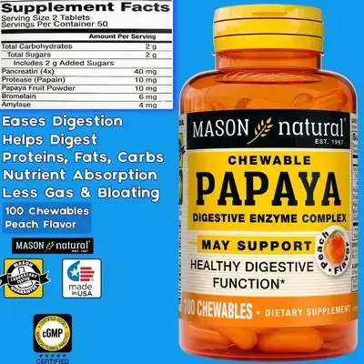 Papaya Digestive Enzyme Complex, Healthy Digestive Function, Promotes Nutrient Absorption, Papaya Enzymes, digestive enzymes, Gas and bloating, breaks down carbohydrates & protein & fats, Peach Flavor, 100 Chewables papaya