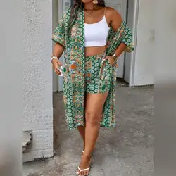 SHEIN Clasi Plus-Size Boho Kimono & Shorts Set - 1XL