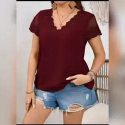 SHEIN Frenchy Plus Size Women's Lace Splicing Short Sleeve Summer Shirt- XL