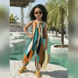 Girls Beige Geometric Print Spaghetti Strap Long Cami Jumpsuit - 5Years