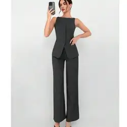 Aloruh 2Pcs Women Khaki Notch Lapel Faux Pocket Decor Blazer Suit Vest And Pants Office Outfit. Medium Size