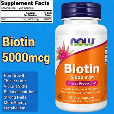 NOW Foods Supplements, Biotin 5000 mcg, Amino Acid Metabolism, Keratin Production, Hair Growth, Youthful Skin, Shiny Nails, Energy Production, Metabolism, 60 Veg Caps Biotin 
