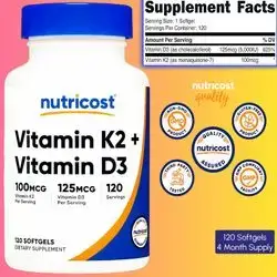 Vitamin D3 + K2, (5000 IU D3 / 100mcg MK7), D3 K2, D3 5000 IU & K2 100 mcg, Essential for Healthy Aging, Immunity, Bones, Joints, Teeth, Hormones, 120 Softgels Vitamin d