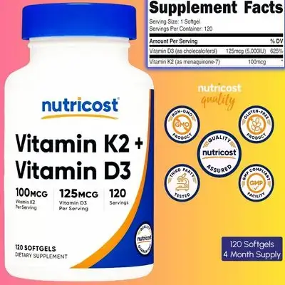 Vitamin D3 + K2, (5000 IU D3 / 100mcg MK7), D3 K2, D3 5000 IU & K2 100 mcg, Essential for Healthy Aging, Immunity, Bones, Joints, Teeth, Hormones, 120 Softgels Vitamin d