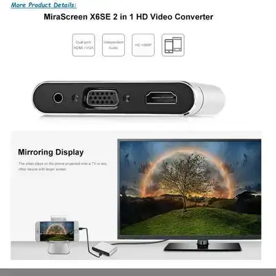 MiraScreen X6SE 1920 x 1080 60fps 2 لە 1 HD ڤیدیۆ گۆڕینی مینی شاشە HDMI/VGA دەرچە بۆ ئای ئۆ ئێس ئەندرۆید - زیو