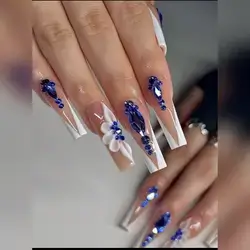 24pcs Long Square Fake Nails White French Fake Flowers And Blue Klein Stone Design