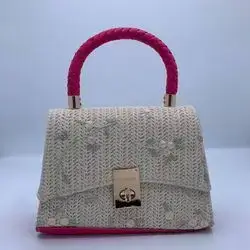 Embroidered Straw Top-Handle Bag with Pink Accent