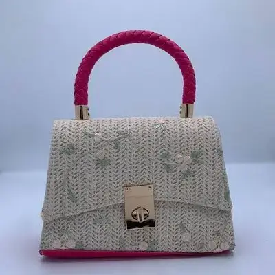 Embroidered Straw Top-Handle Bag with Pink Accent