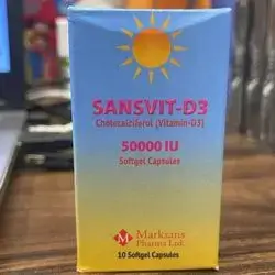 SANSVIT-D3 (Cholecalciferol / Vitamin-D3 50000 IU) 10 Softgel Capsules.