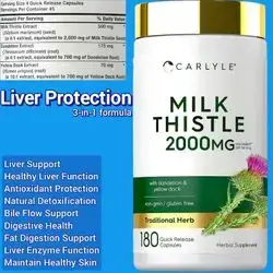 Milk Thistle, with Dandelion & Yellow Dock, liver Cleanse and protection, natural Detoxification, clear skin, bile flow, liver enzymes function, fat digestion, 180 Caps Milk Thistle