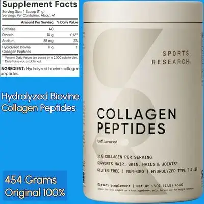 Sports Research, Hydrolyzed Collagen Peptides, Biovine Collagen, Unflavored, Grass-Fed Collagen, Hair, Skin & Joint Support, Easy to Mix in Coffee & Shakes, 454g Collagen