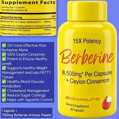 Berberine Supplement, 15X Potency, Ceylon Cinnamon for Enhanced Absorption, Synergistic Effects, Supports Sugar and fat metabolism, blood glucose, cholesterol, weight management, Gastrointestinal, digestive system, 90 Caps berberine