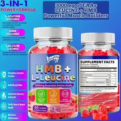 HMB and L-Leucine 3000mg with Calcium, Build & Recover Strength and Muscle, Muscle Support & Recovery for Men and Women, Bodybuilders, gym, Adults & Elderly, amino, amino acid, Gluten Free, 60 Gummies aminos