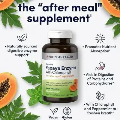 American Health Papaya Enzyme with Chlorophyll, easy digestion, Fresh BREATH, no gas and bloating- 600 Chewable Tablets