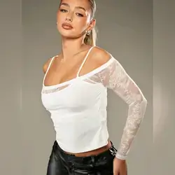 MISSGUIDED Sheer Lace Sleeve Crop Top Cami With Off Shoulder Design - Large