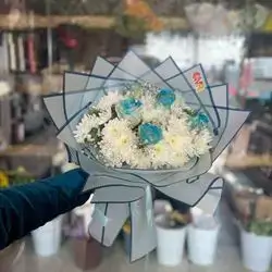 Blue Roses & White Flowers Bouquet