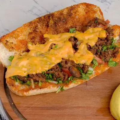 Meat Tantuni Sandwich in a Bun with Cheddar Cheese