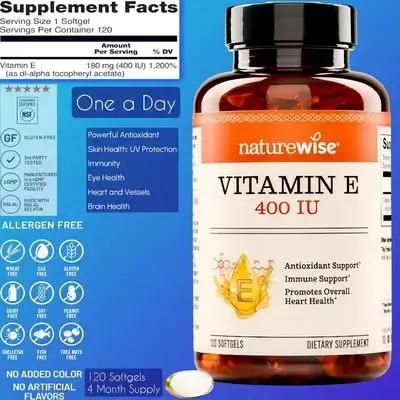 Vitamin E, 400 IU (180mg DL-Alpha) - Dairy, Gluten & Soy Free - Antioxidant-Rich for Skin, Heart, and Immune Health Support - 4-Month Supply, 120 Count vitamin E