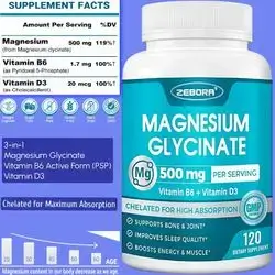 Magnesium Glycinate, 500mg, High Absorption Magnesium with Vitamins B6 & D3, Chelated Magnesium Glycinate, for Muscle, Heart, Calm & Immune Health, Non-Buffered, 120 Capsules magnesium