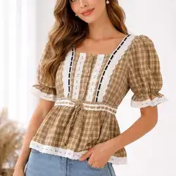 SHEIN Gingham Print Contrast Lace Ruffle Hem Blouse - Small