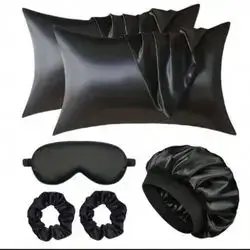 6 pic wimen satin pillow case set including silky sleep cap ,sleep mask and hair scrunchies