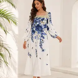 Floral Print Square Neck Dress featuring elegant blue flower patterns - Medium
