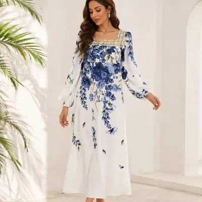 Floral Print Square Neck Dress featuring elegant blue flower patterns - Medium