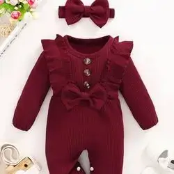 SHEIN Baby Girl Ruffle Trim Fake Button Bow Jumpsuit & Headband Size: 86 (12- 18m)