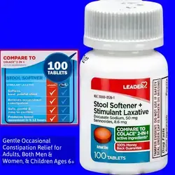 Leader 2-in-1, Stool Softener & Stimulant Laxative, Docusate Sodium 50mg, Sennosides 8.6 mg, Gentle Occasional Constipation Relief for Adults, Both Men & Women, & Children Ages 6+, stool softener, hard stool, constipation, 100 Tablets stool softener