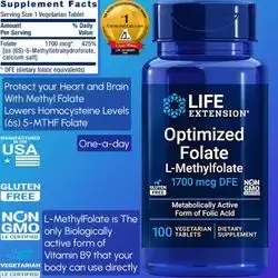 Optimized Folate, L-methylfolate, 5 MTHF, Folate, Methyl Folate, Heart & Brain & Homocysteine & Neurotransmitter, Healthy Homocysteine Levels, active form of B9 - Folic Acid, 1700 mcg DFE, 100 Vegetarian Tablets Folate