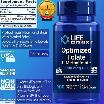 Optimized Folate, L-methylfolate, 5 MTHF, Folate, Methyl Folate, Heart & Brain & Homocysteine & Neurotransmitter, Healthy Homocysteine Levels, active form of B9 - Folic Acid, 1700 mcg DFE, 100 Vegetarian Tablets Folate