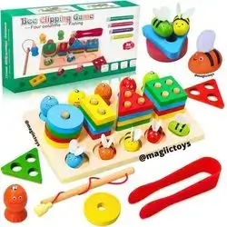 Wooden Shape Sorting & Toddler Fishing Toys | Wooden Geometric Shapes Shorter Stacking Toy Puzzle | Color Stacker Shape Sorter Educational Learning Toy