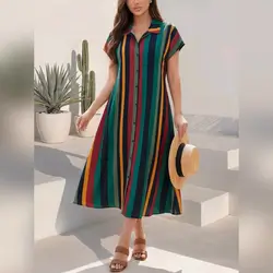 EMERY ROSE Women Striped Color Block Shirt Dress - Large