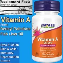 NOW Foods, Vitamin A, 25000 IU (7500mcg), Retinyl Palmitate & Fish Liver Oil, eye health, Immunity, skin, cells, reproduction, 100 Softgels vitamin A